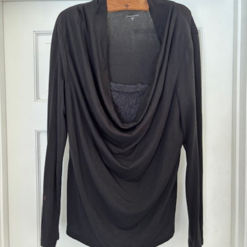 Garnet Hill cowl neck long sleeve top with black lace inset